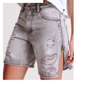One Teaspoon Light Grey/White Distressed Long Length Denim Shorts Side Zippers